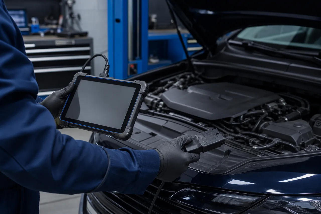 Technicien réalisant un diagnostic électronique sur un véhicule